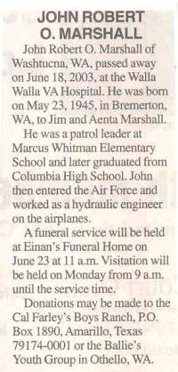 John Robert O. Marshall - Funeral Notice
